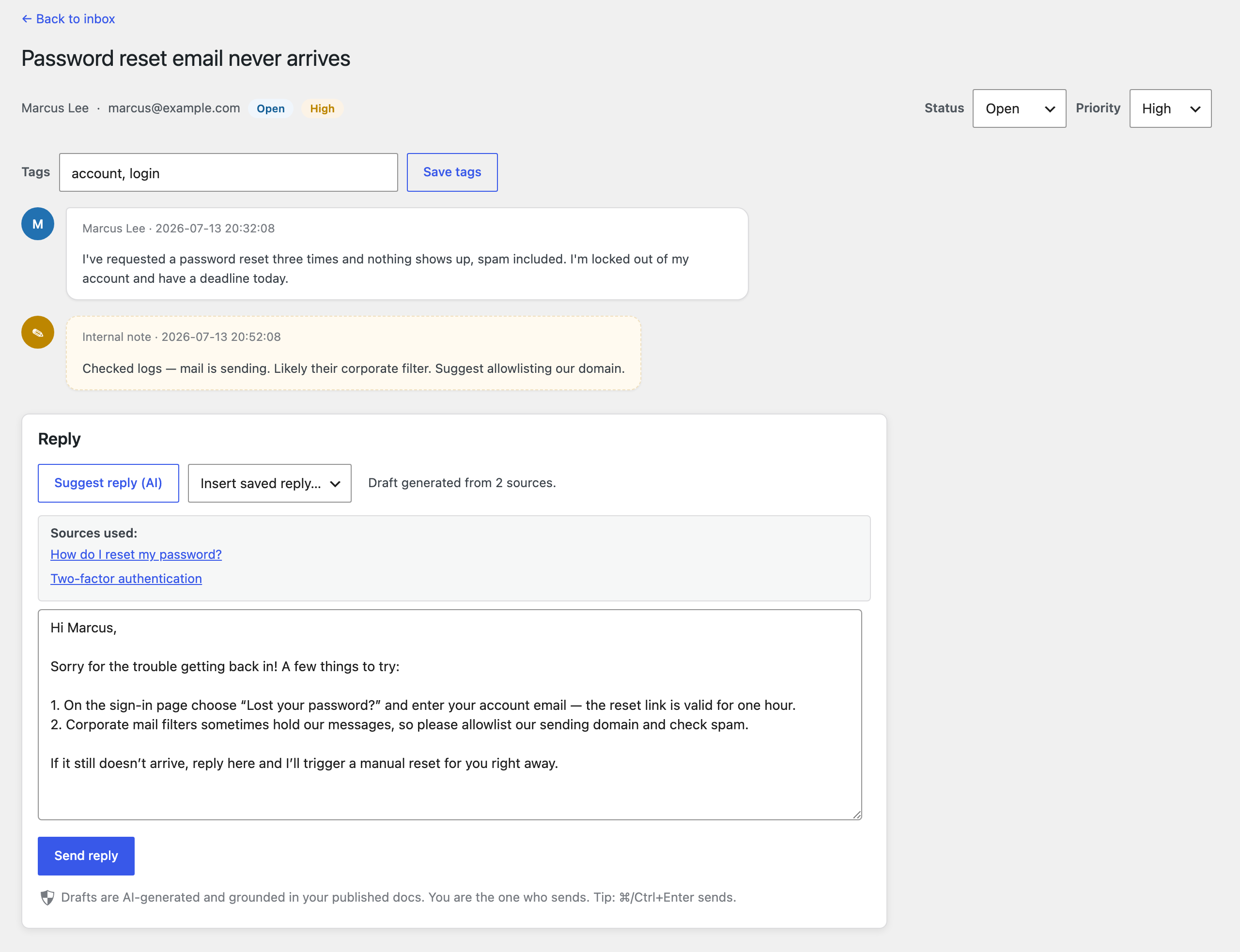 Answyr Desk — an AI-drafted reply with cited knowledge-base sources, ready for a human to vet and send.