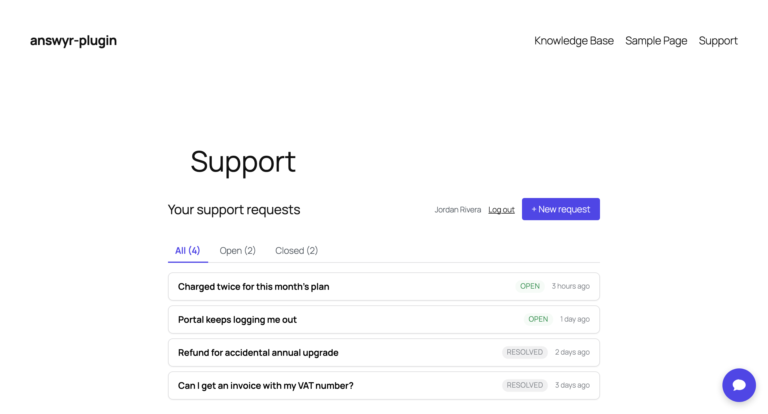 Customer portal showing a list of support requests with status.