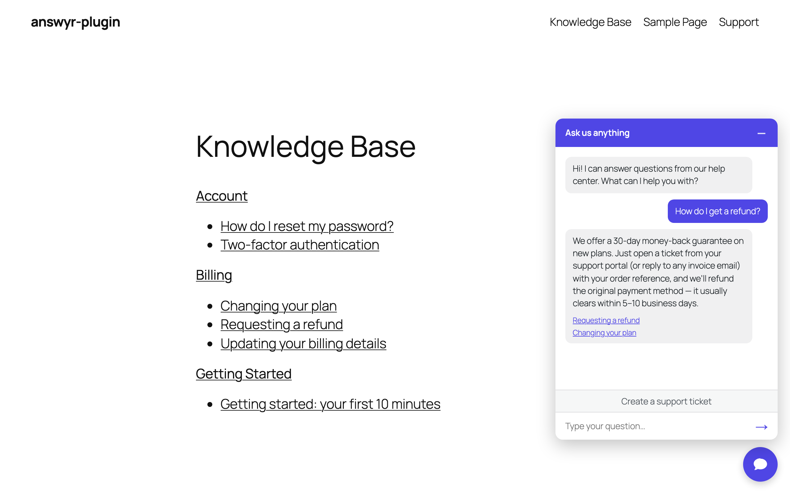 Answyr chat widget answering a refund question from the knowledge base, with source links.