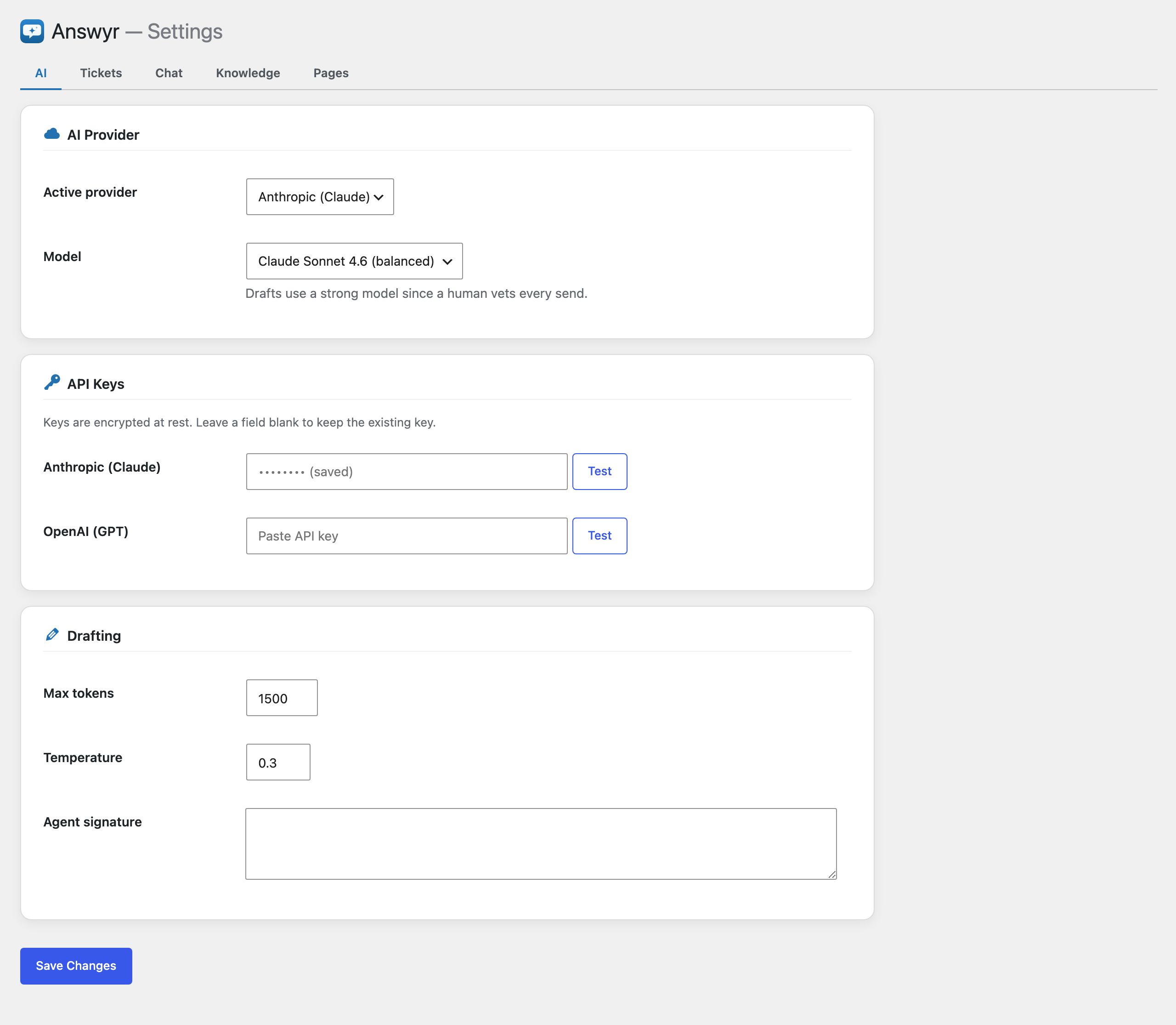 Settings screen with AI provider, encrypted API keys, and drafting options.